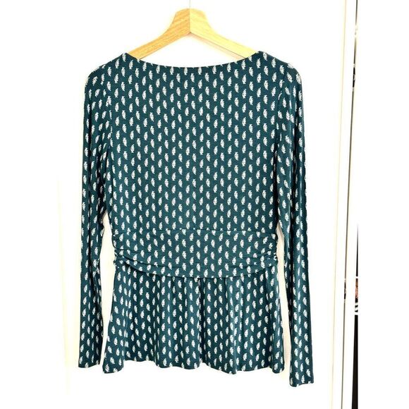 Boden Long-Sleeve Teal Peplum-Style Top Boatneck w/Leaf Pattern Sz US 8 EUC - Picture 2 of 9